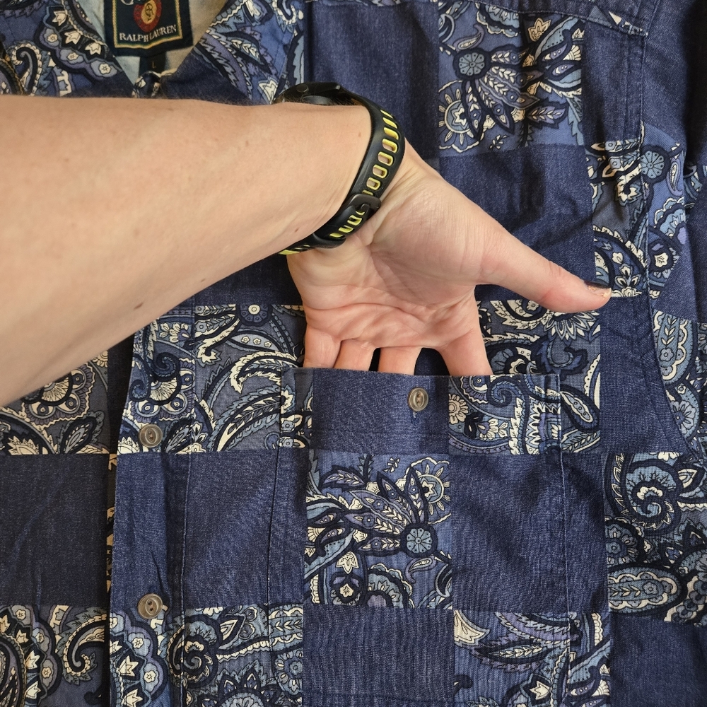 Chaps Ralph Lauren Cotton blue paisley checker short sleeve button down - Picture 2 of 7